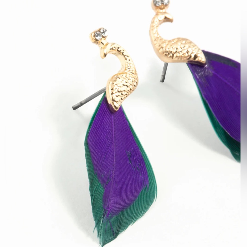 Gold Peacock Earrings with Purple and Green Feathers